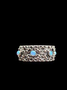 Sterling Silver Filigree Ring, Genuine Opals, Size 9.5